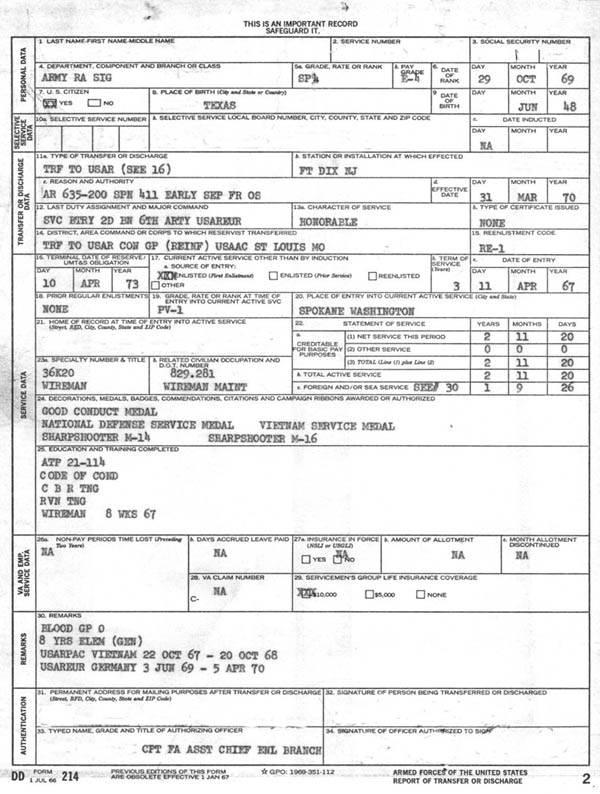 Sample DD 214 Form