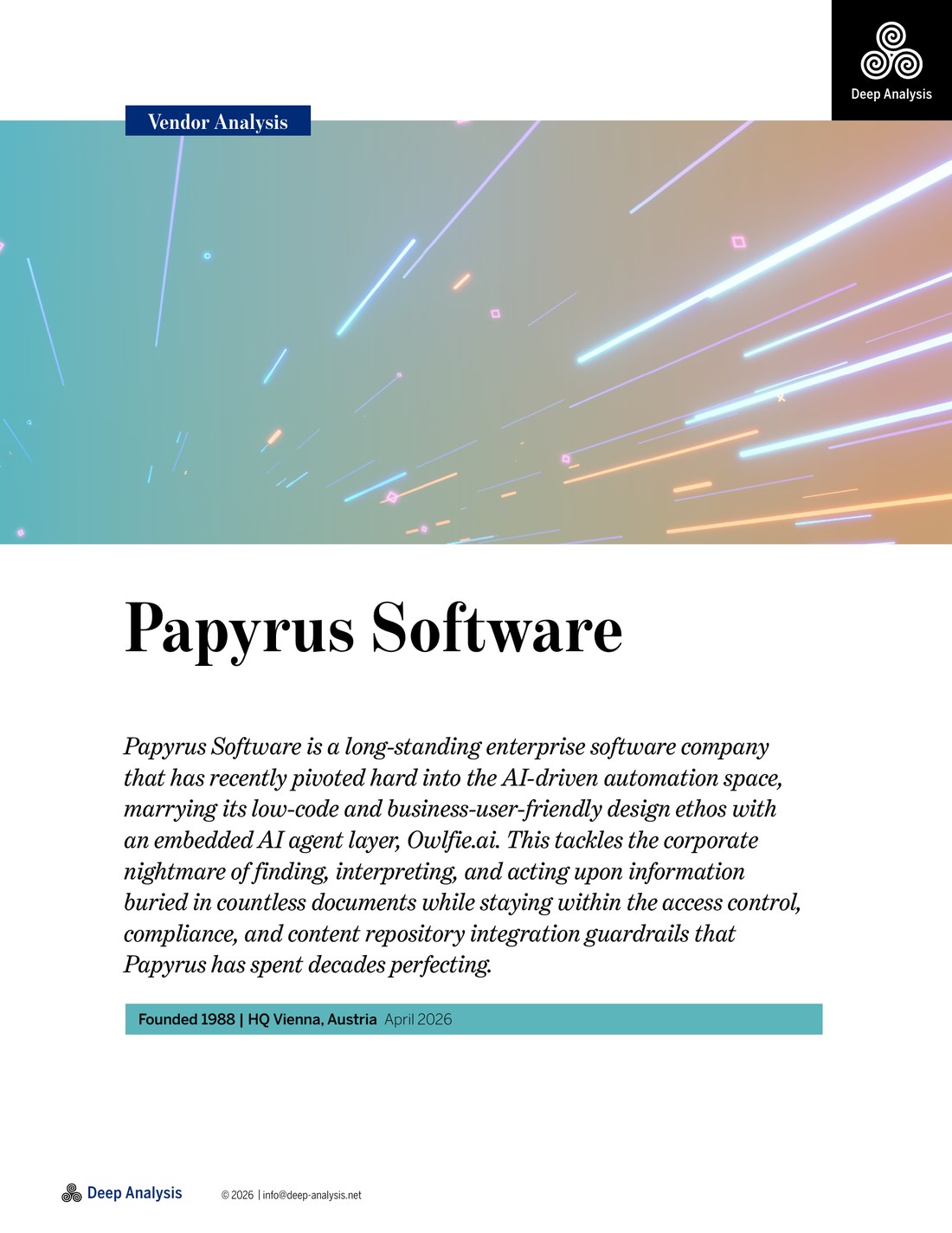 Cover of the Deep Analysis vendor analysis of Papyrus Software, April 2026